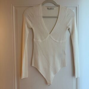 Abercrombie & Fitch Cream Ribbed Long Sleeve Bodysuit